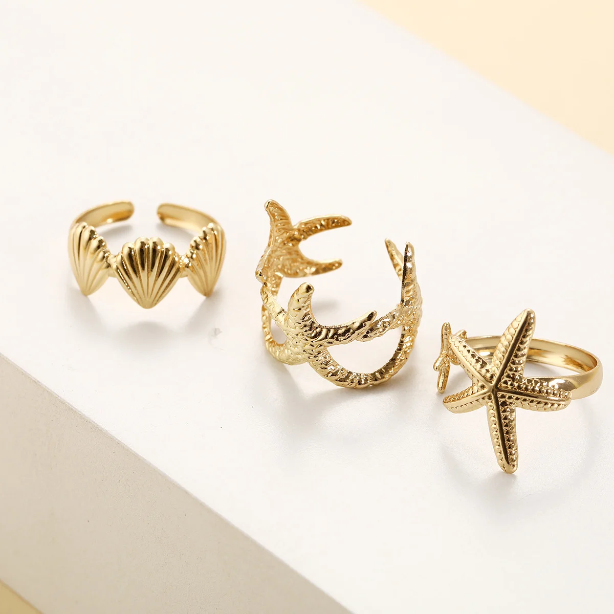 3 Pcs/Set Starfish Scallop Adjustable Open Rings for Women Trendy Geometric Gold Color Ring Summer Beach Jewelry Accessory 2025