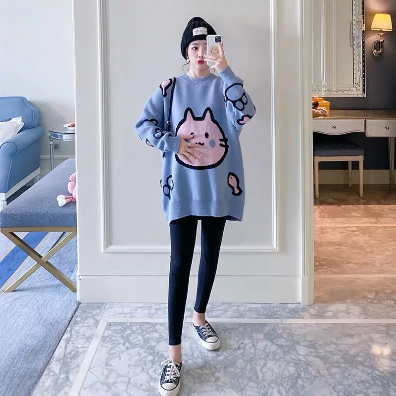 Beige Cartoon Maternity Sweater For Autumn Fashion Pregnant Woman Knitted Pullovers Plus Size Pregnancy Knitwear Loose Jackets