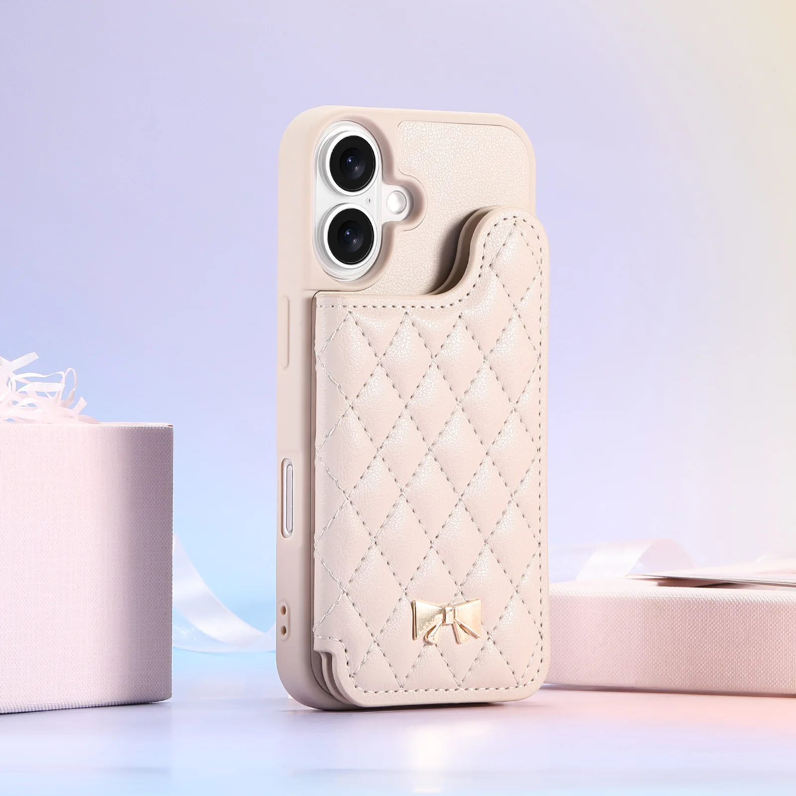Grid Pattern Leather Phone Case with Built-in Mirror and Card Pocket Wallet Cover