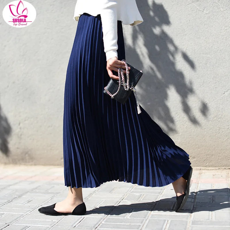 

SUSOLA Women Spring Autumn Summer Elegant Chic Solid Pleated Skirt High Waist Luxury Trend With Elastic Female Skirt