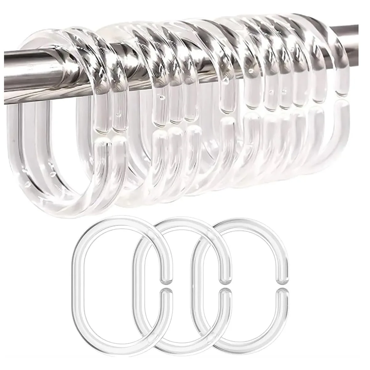 12 قطعة من حلقات ستائر الدش، خطافات ستائر الدش البلاستيكية، حلقات على شكل حرف C، قضيب نافذة الحمام، أسود وأبيض شفاف