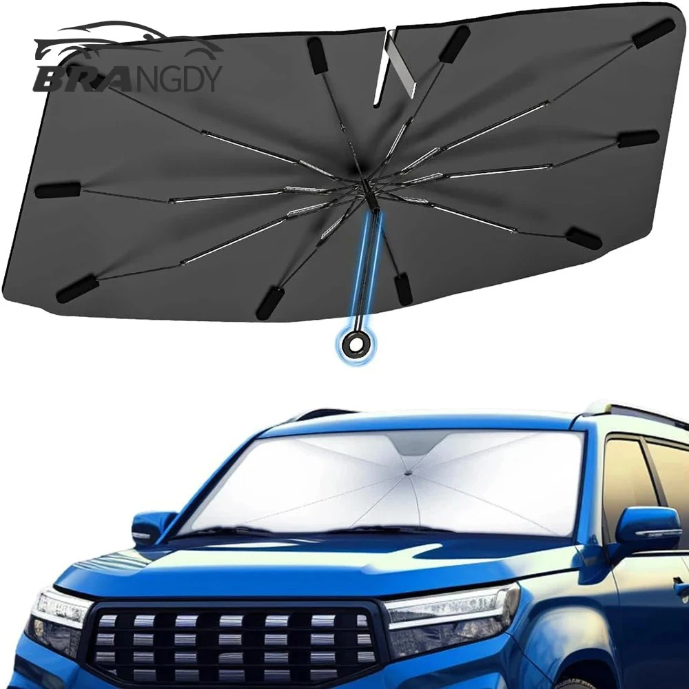 Car Windshield Sun Shade 360&deg; Pull Cord Anti-Scratch Handle Upgraded Double-Layer Fabric