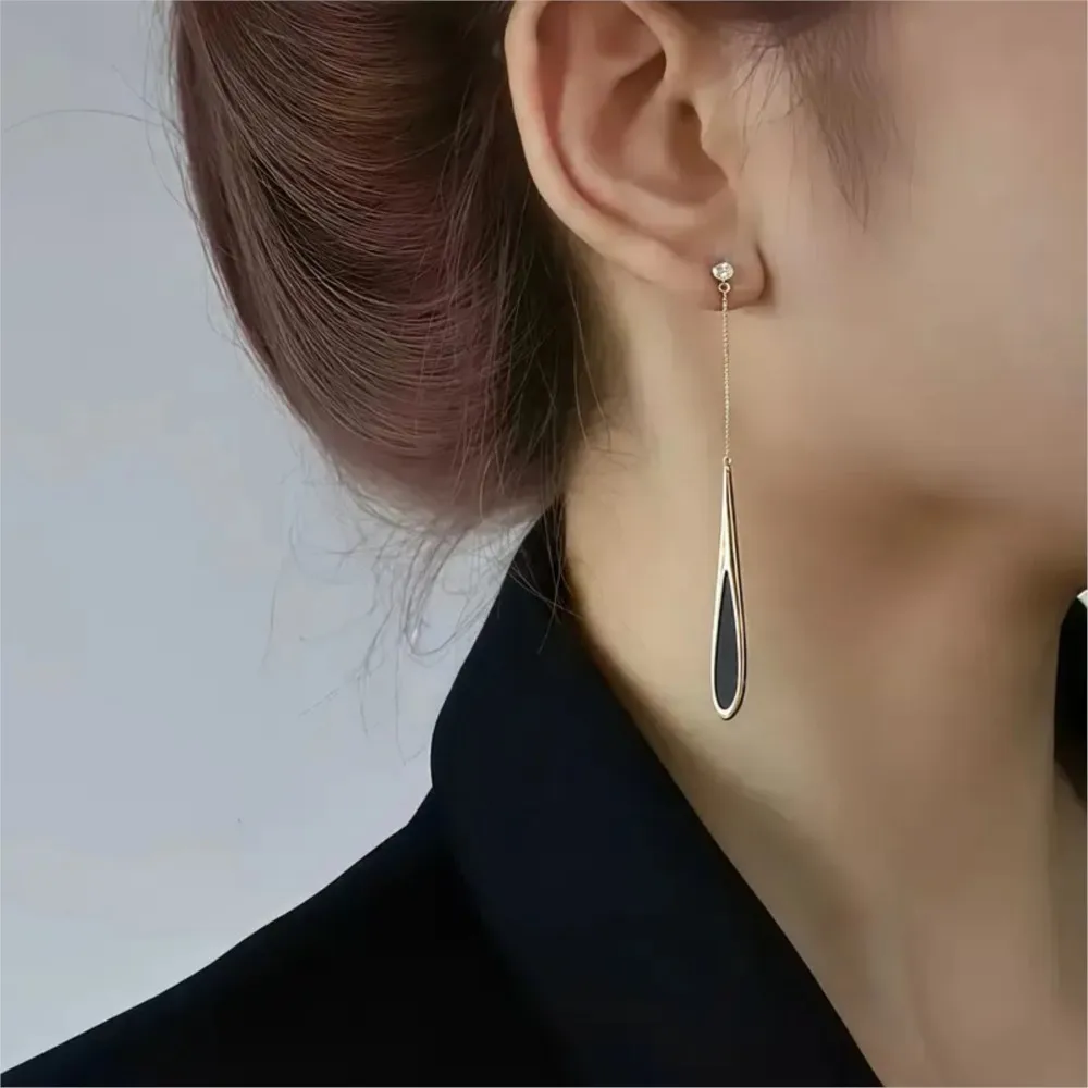 Simple Fashion Black Tassel Waterdrop Earrings for Women Vintage Chic Design Hypoallergenic Steel Earrings Party Jewelry Gifts