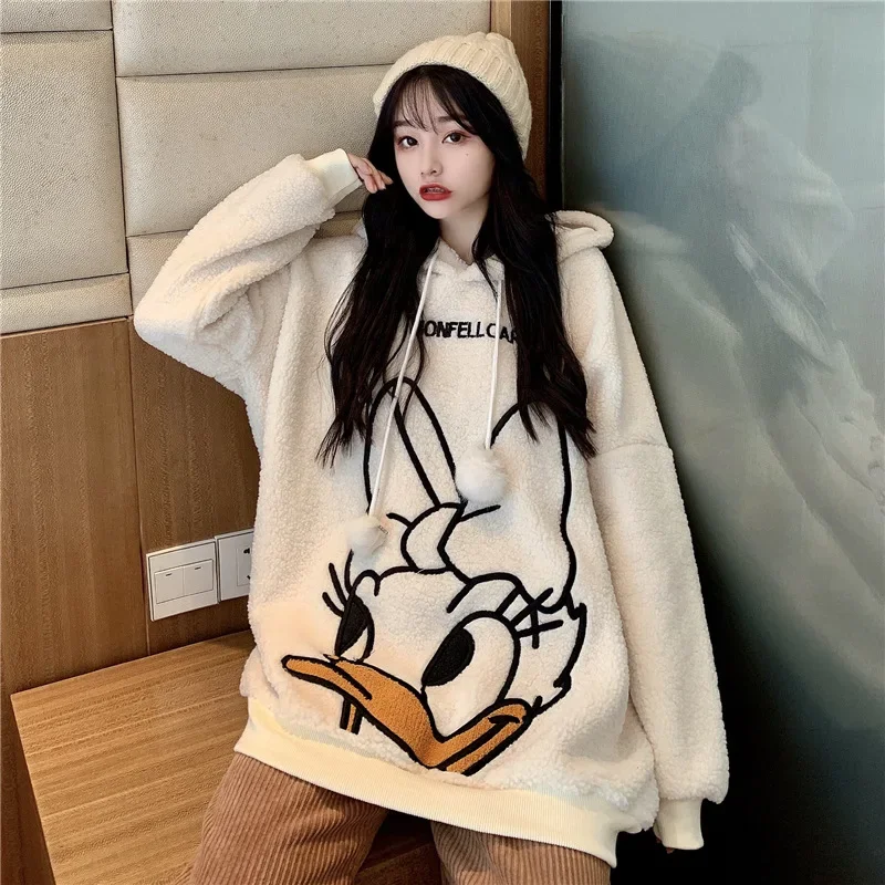 

Woman Jacket Lamb Wool Coat Autumn and Winter New Cute Donald Duck Lamb Wool Sweater Coat Female Thick Mid-length