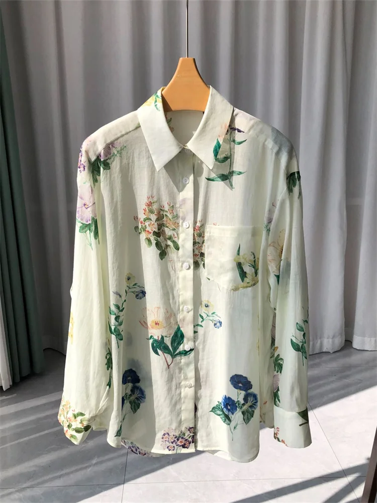

Женская рубашка с отложным воротником, однобортная блузка с длинным рукавом и принтом свежего утра, весна-лето 2024