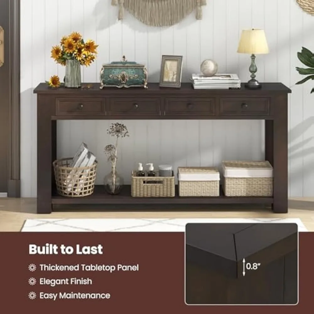 Farmhouse Entryway Table, Narrow Console Table w/ 4 Storage Drawers & Open Shelf, Rustic Long Sofa Table,  Hallway 6