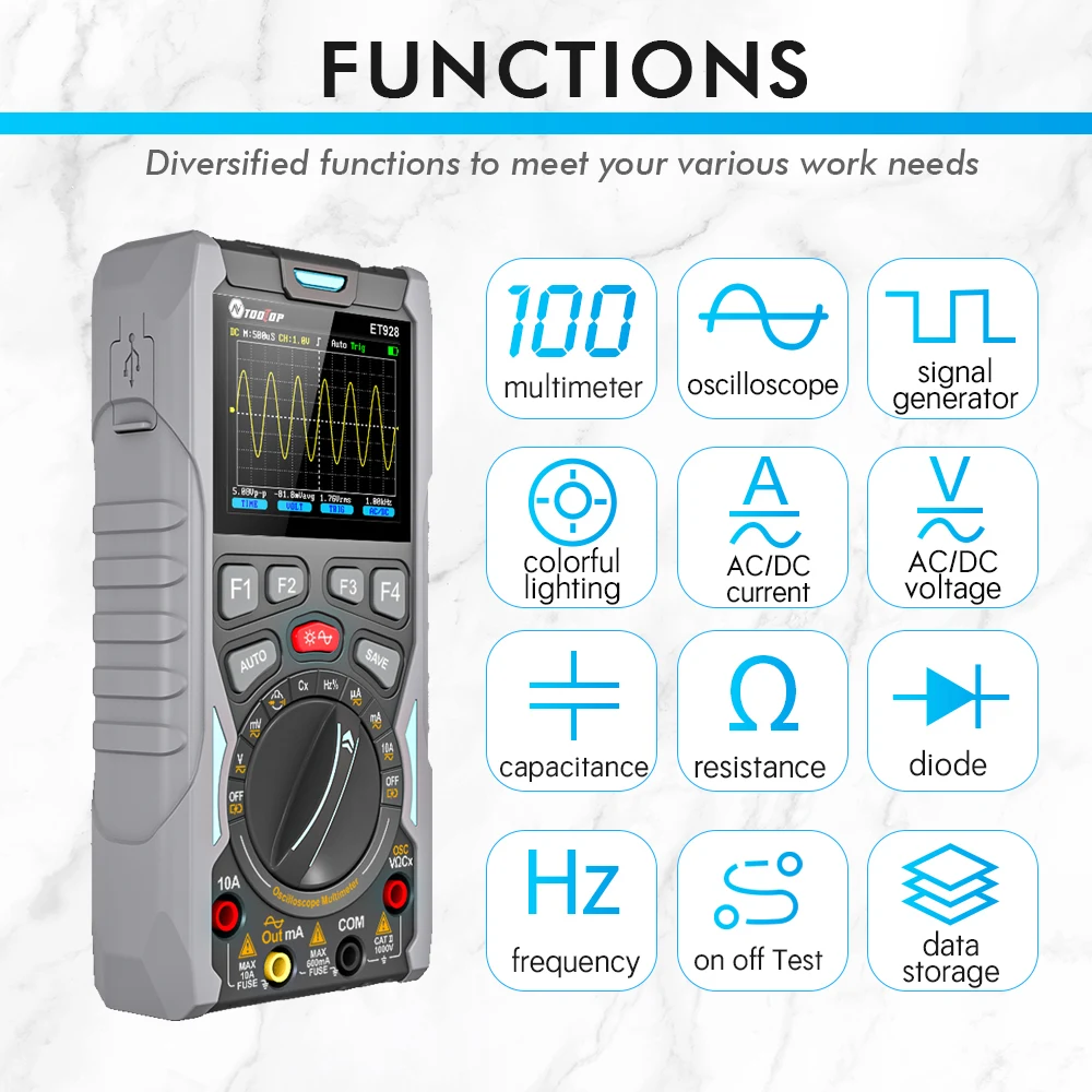 

ET928 Auto Multimeter One Click Oscilloscope 12MHz 50Msps Sampling Rate 100KHz Waveform Signal Generator On Off Test Data Store