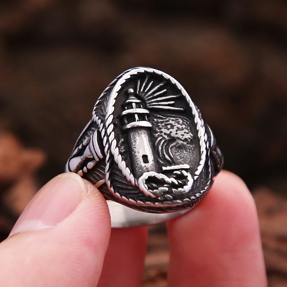 HIJONES Men's Stainless Steel Lighthouse Signet Ring - Nautical Vintage Statement Wedding Band 9 thumbnail image