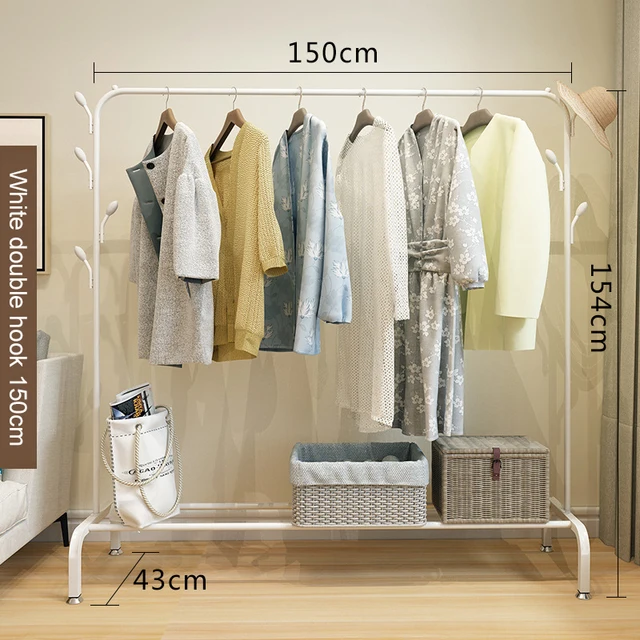 Garment Rack Floor Standing Clothes Hanger Double Pole Coat Rack Wardrobe Clothing Drying Rack Mobile Cloth Rail Home Furniture W Double hook 150cm