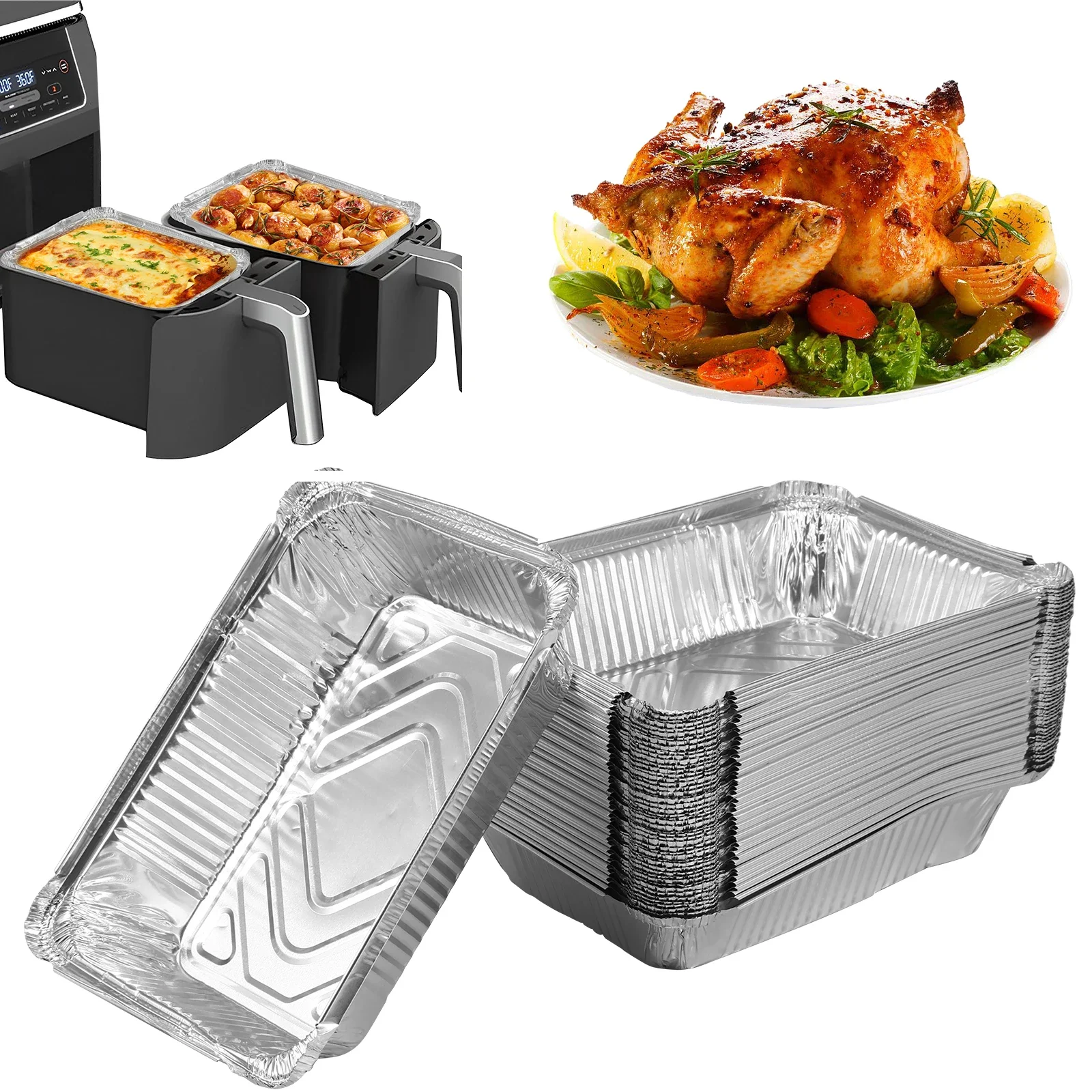 50Pcs Aluminum Foil Trays 1100ml Non-Stick Baking Pans Disposable Food Grade BBQ Bowl
