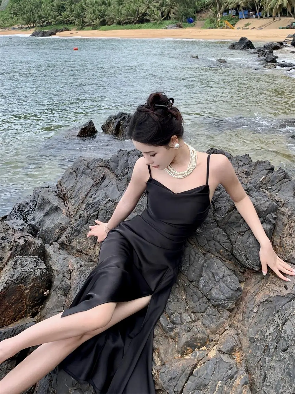 Sexy Satin Black Dress Women Spaghetti Strap New Summer High Split Backless Beach Slim Mermaid Evening Party Dresses Prom Robe