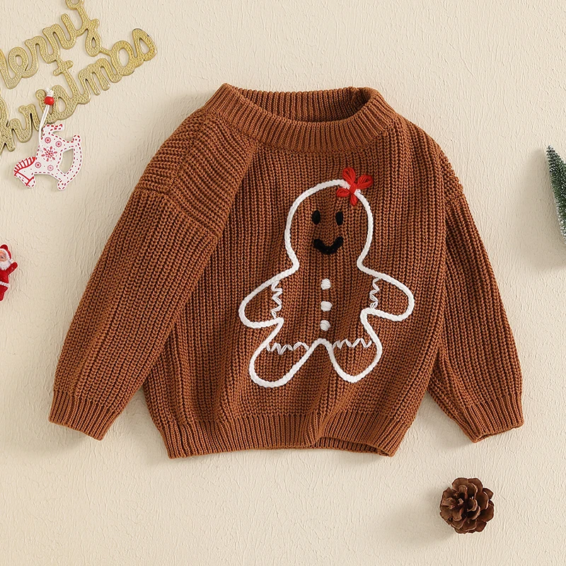 Winter New Baby Girls Boys Sweater Christmas Toddler Knitted Clothes Jumpers Gingerbread Man Crew Neck Long Sleeve Kids Pullover