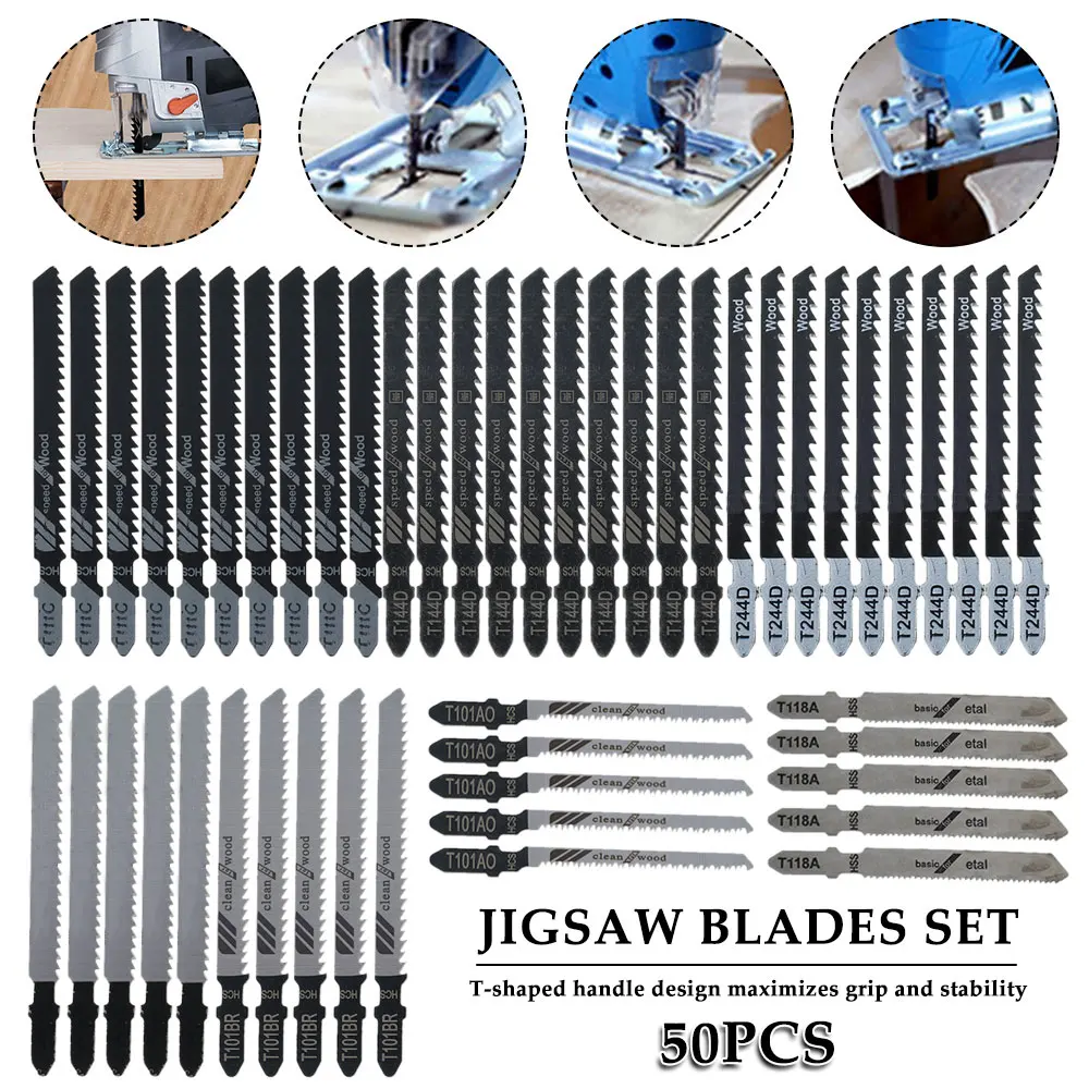 

50pcs Jig Saw Blade Set High Carbon Steel Assorted Blades T-shank Fast Cut Down Jigsaw Blade Professional Jig Saw Cutter