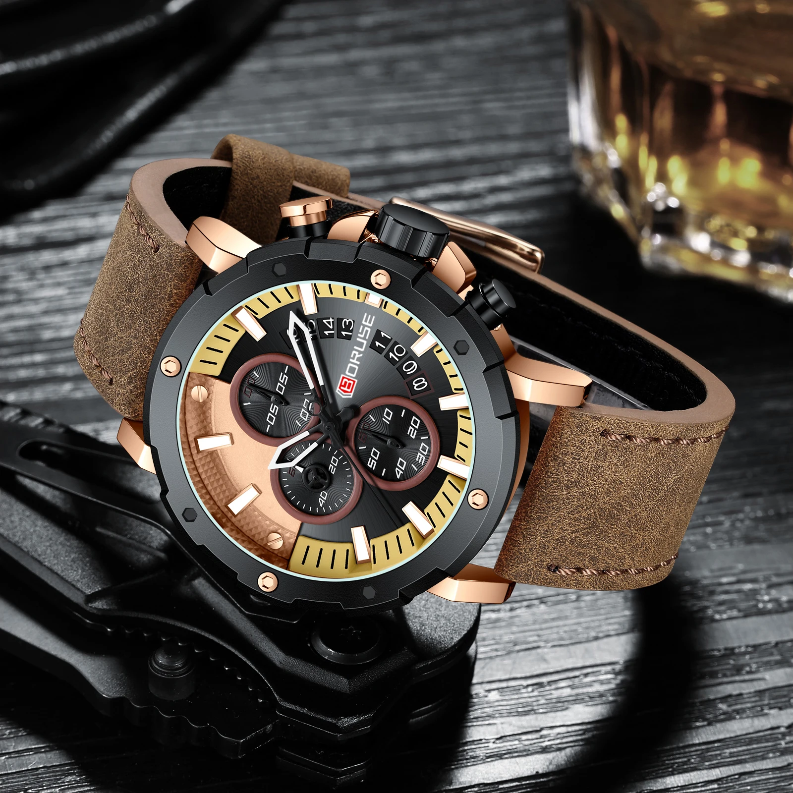 BORUSE Top Luxury Brand Men Sports Watch Male Casual Leather Strap Date Wristwatches Men's Quartz Watches Relogio Masculino