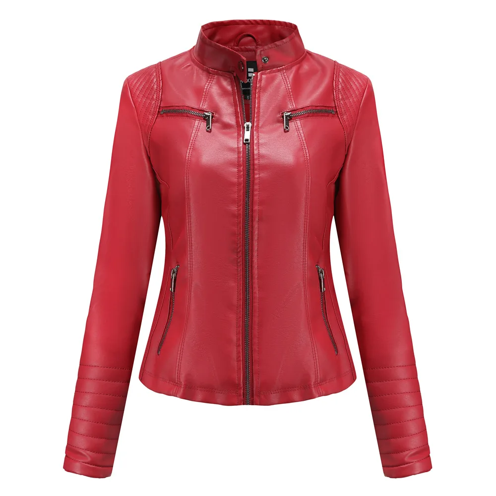 Women's Slim Leather Jacket, Stand-up Collar, Zipper Stitching, Monochromatic Coat, Fashion Clothing, New