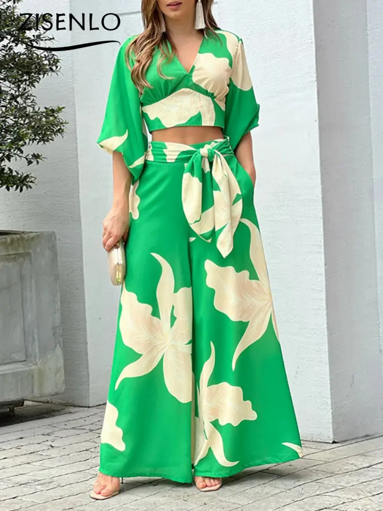 

Set Woman 2 Pieces New Printed Casual Suit V-neck Lantern Sleeve Short Top High Waist Wide Leg Pants Two-piece Set Women's Suit
