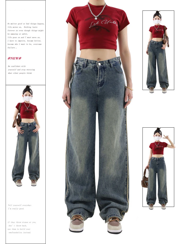 

Women Blue Jeans Baggy Harajuku Aesthetic Streetwear Straight Denim Trousers Y2k Wide Cowboy Pants Vintage 2000s Trashy Clothes