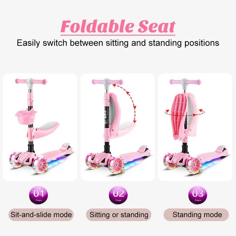 3 in1 Children's Kick Scooter 3 Wheels Folding Baby Flash Rideable and Slippery Scooter with Adjustable Handlebar for Children
