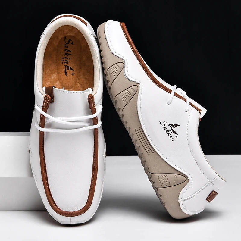New 2024 Autumn Handmade Leather Casual Men Shoes Design Fashion Sneakers Man Loafers Breathable Low Top Flat FootWear Driving 5