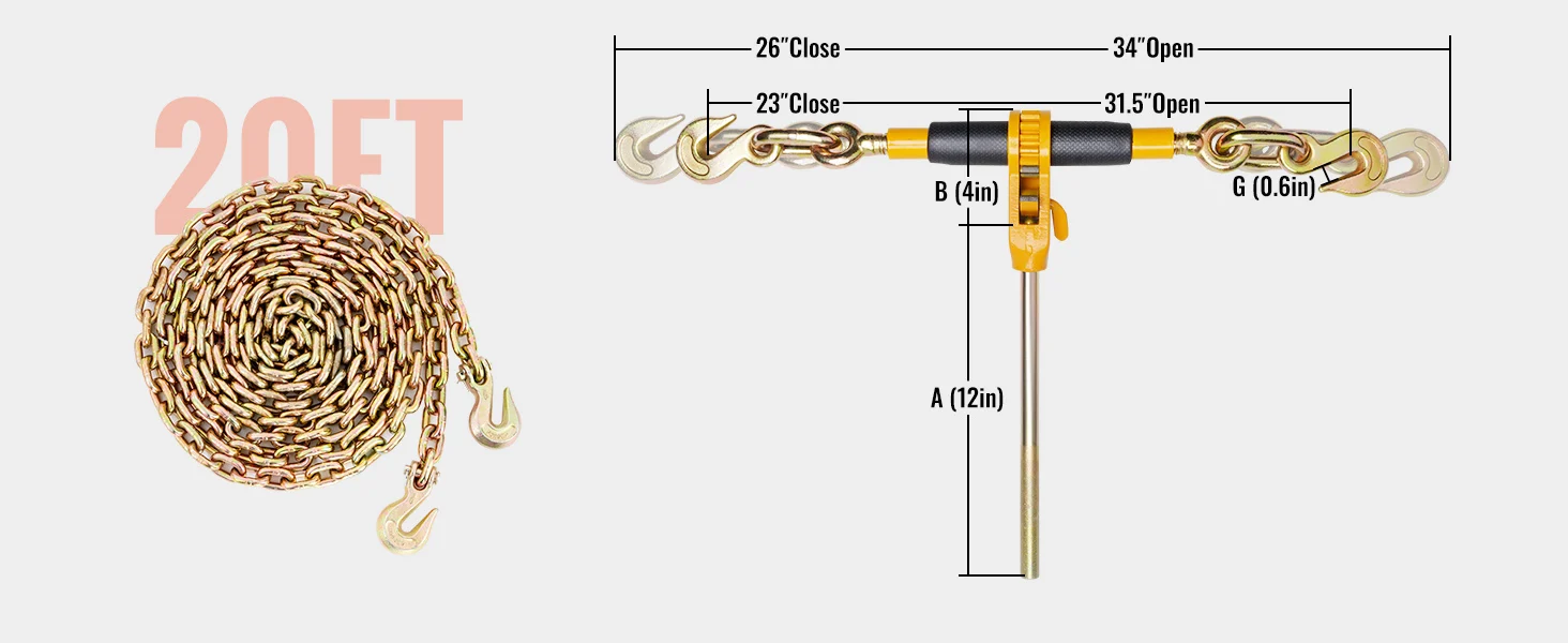 SucceBuy 2 PCS Ratchet Chain Binder 3/8"-1/2" with G80 Chains 12000 lbs Adjusting Handle Tie Down Hauling for Flatbed Trailer