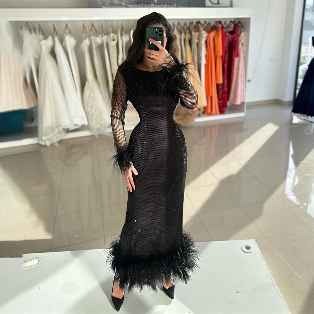 

Long Sleeve Illusion Straight Ankle-Length Feathers Prom Dresses Black O-Neck Exquisite Evening Gown فساتين للحفلات الراقصة