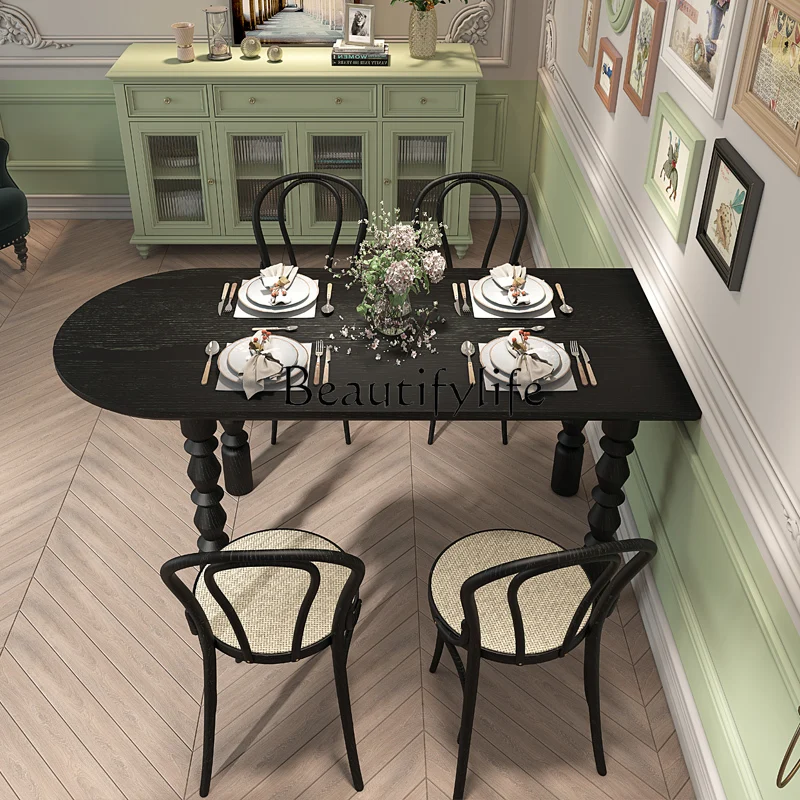 

Retro Solid Wood Black Dining Table French Retro Curved Dining Table Small Apartment Negotiation Workbench