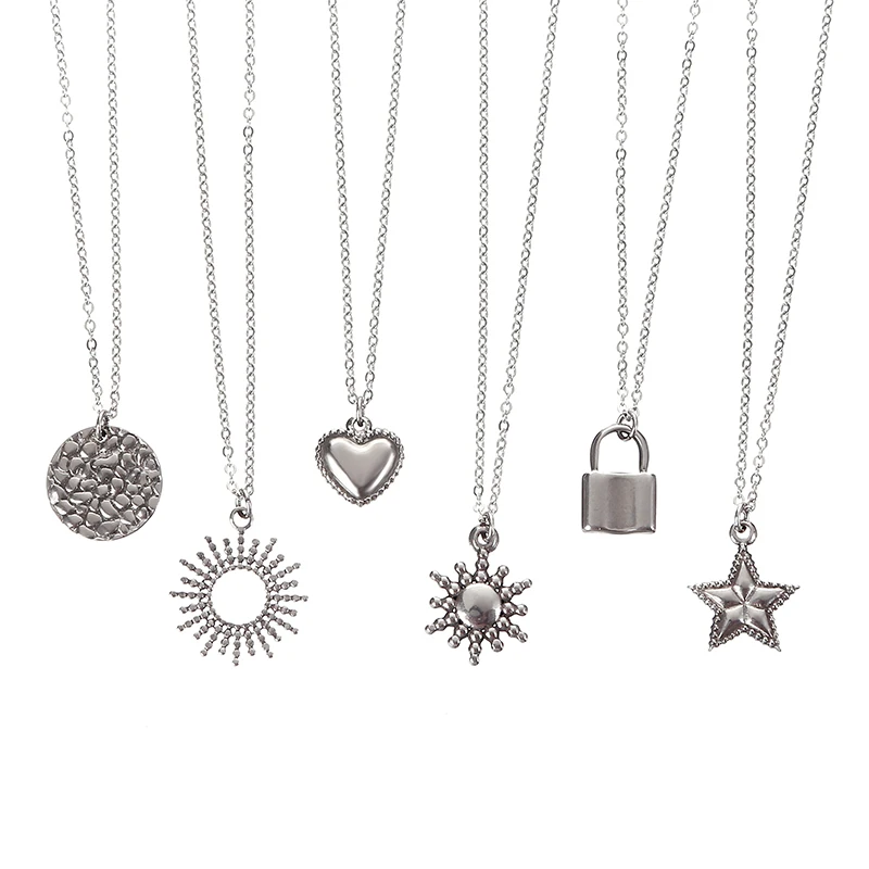 Metall 304 Edelstahl Schmuck Frauen Charme Klassische Schöne Anhänger Sun Lock Fünfeckigen Stern Liebe Herz Schlüsselbein Kurze Halskette