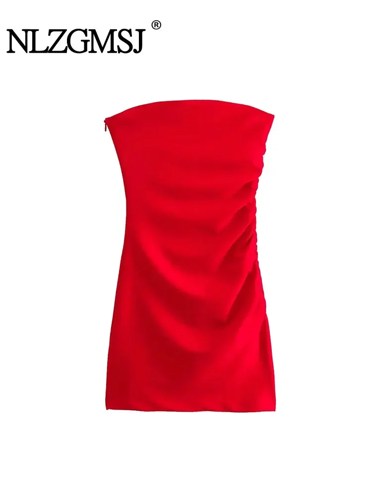 

Nlzgmsj TRAF 2024 Red Women Off Shoulder Dress Spring Sleeveless Backless Strapless Ruched Bodycon Robe Female Mini Dress