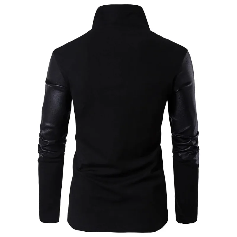 Fashion Leather Patchwork Turtleneck Jackets Overcoat Men Spring Autumn Punk Motor Coat Men Slim Plus EUR Size casual men jacket