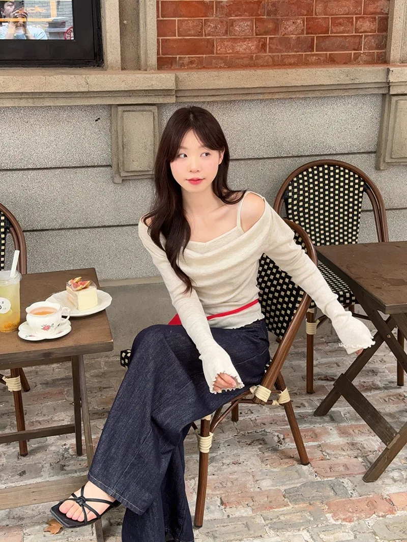 Fake Two-piece Off Shoulder Long Sleeve T-shirt Women's Sexy Slash Neck Flare Sleeve Base Shirt Top Autumn Casual Slim Fit Tops