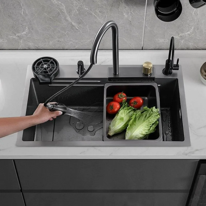 Multifunctional Stainless Steel Kitchen Sink Nano Flying Rain Waterfall Black Handmade Large Single Tank Vegetable Washing Basin 3
