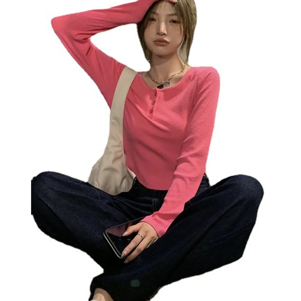 Women Long Sleeve Knitted Cropped Tshirts for Spring Summer