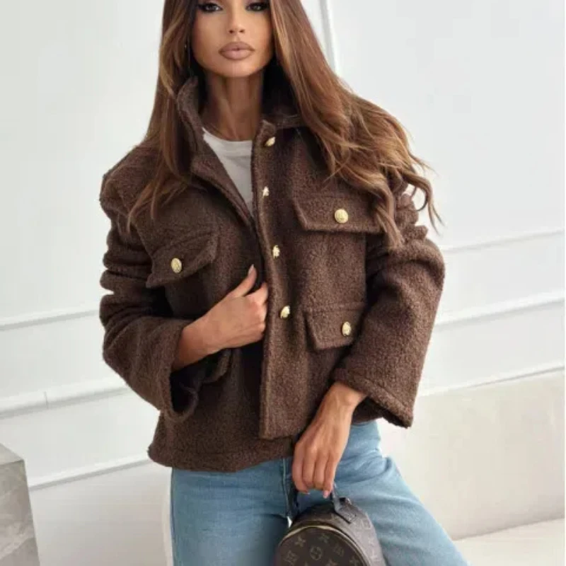 Autumn and Winter New Women's Fashionable Temperament Solid Color Loose Short Woolen Coat 175