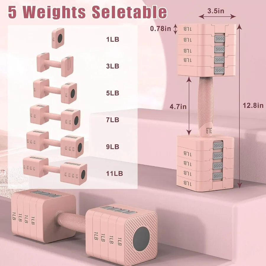 Adjustable Dumbbells Set of 2, 5-in-1 Adjustable Weight Dumbbells for Women/Men, 3lb/5lb/7lb/9lb/11lb Dumbbell Weights Set for H