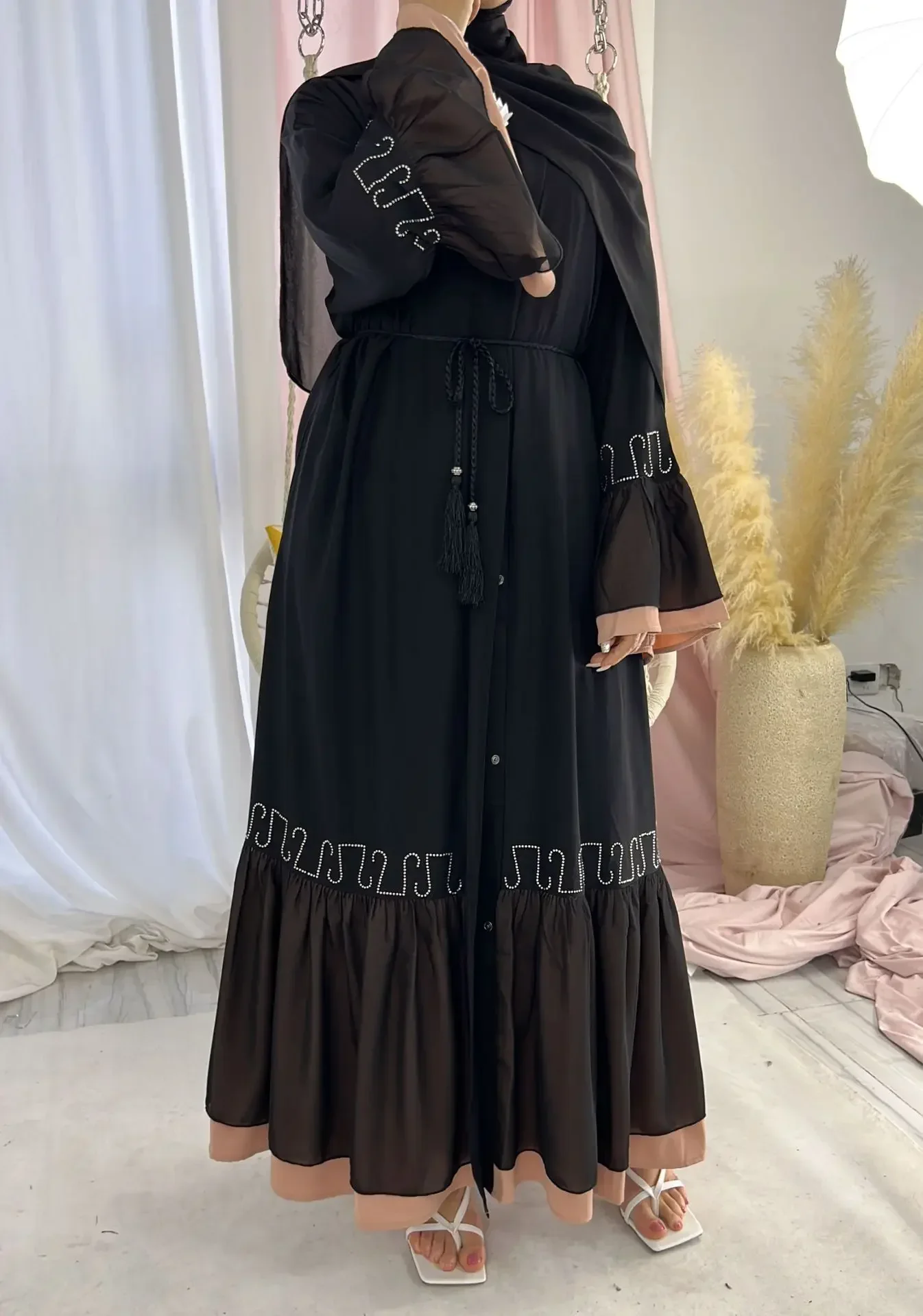 Open Abaya Dubai Flare Sleeve Lace Black Kimono for Women Cardigan Muslim Long Party Hijab Dress Islam Outfit Ramadan Eid Kaftan