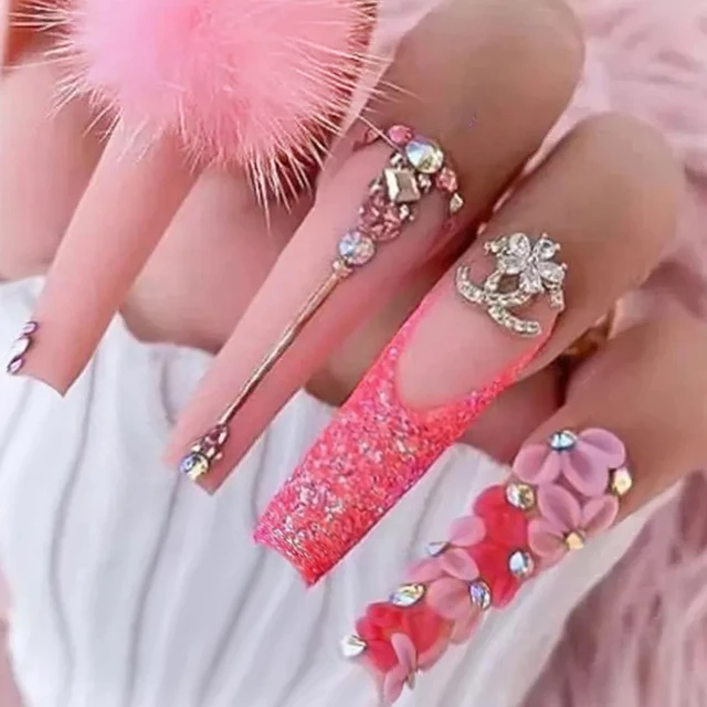 3D fake nails accessories pink glitter flowers with rhinestones design long  french coffin tips faux ongles press on false nail - AliExpress