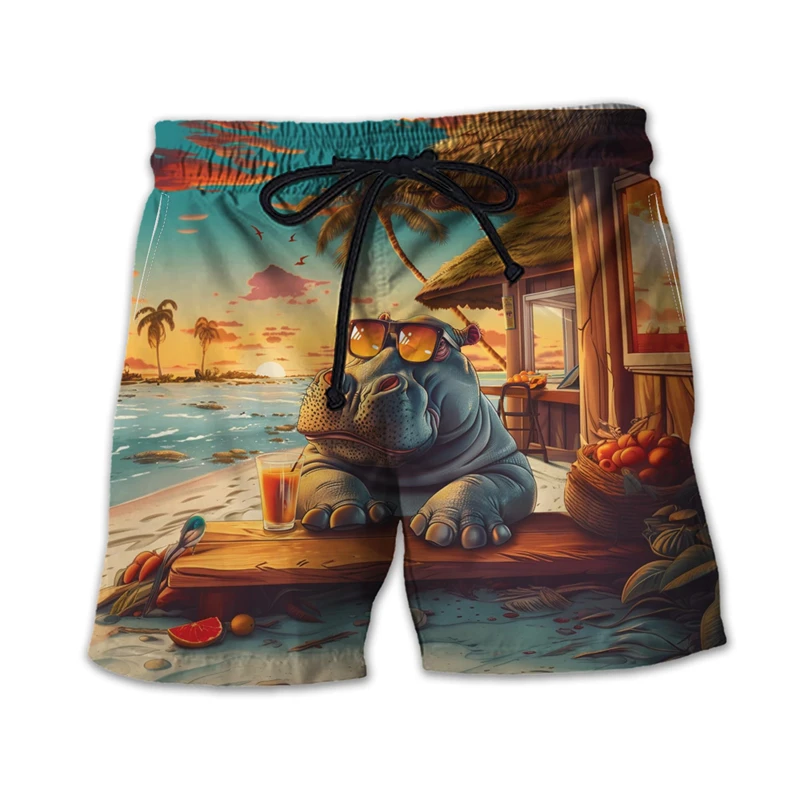 

Funny Hippo 3D Print Short Pants For Men Clothes Hip Hop Hawaiian Beach Shorts Casual Male Trunks Cartoon Hippopotamus Trousers