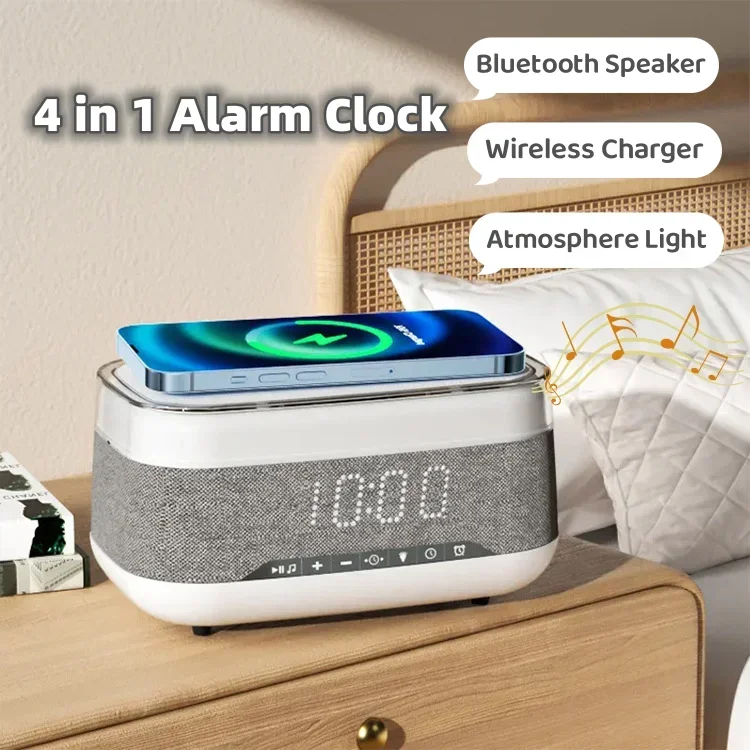 

Многофункциональный Умный Будильник с Bluetooth динамиком, беспроводное зарядное устройство, часы с быстрой зарядкой, атмосфера, ночник, Декор для дома
