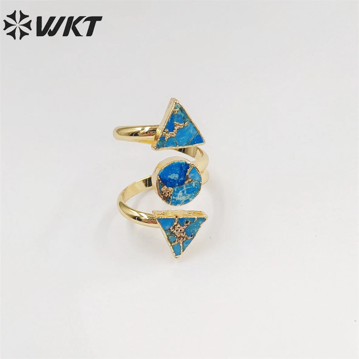 

WT-R437 WKT Exclusive 18K Real Gold Plated Resist Tarnishale Copper Turquoise Stone For Women Adjustable Triple natural Ring