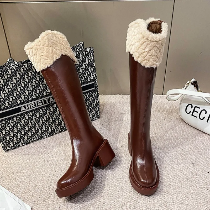 Knee Long Boots Plush Women's Heels Shoes Square Heel Belt Buckle Snow Boots for Women Warm Plus Velvet Woman 2024 Western Boots