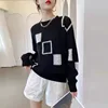 Autumn Winter Color Blocked Plaid New Loose Retro Pullovers Women's Clothing Round Neck White Simplicity Outfit Chic Sweaters 2