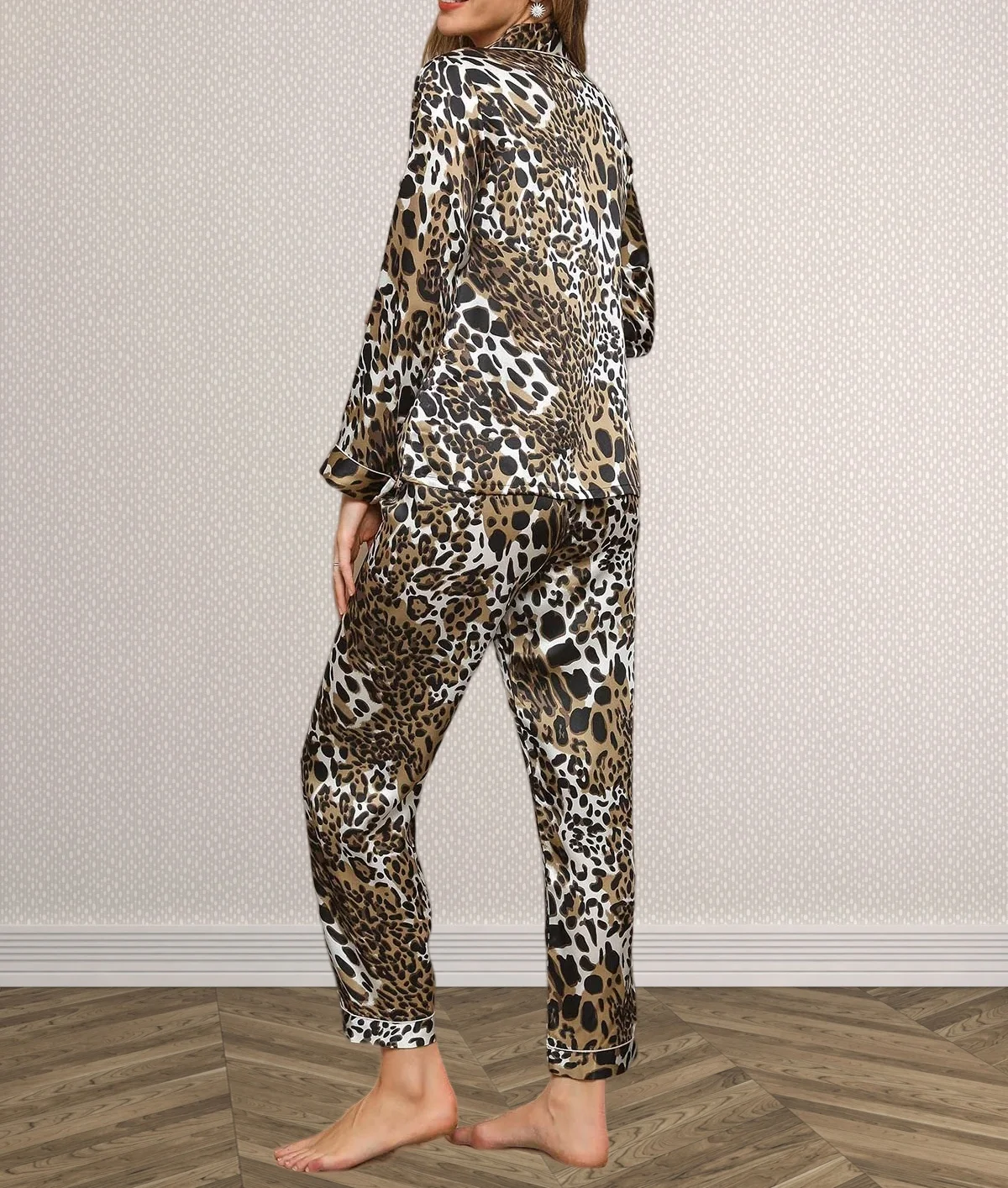 Pure Silk Leopard Pattern Piping Trim Pajamas 2Pcs 100% mulberry silk Women's pajama Two-piece set luxury pyjamas sleepwear - Image 2