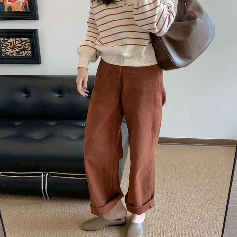 

High-waisted Wavy Side-paneled Wide-leg Brown Jeans for Women