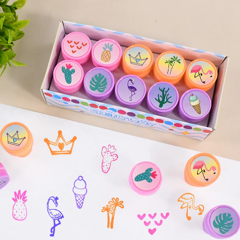 10Pcs Cartoon Self-ink Stamps Kids Mermaid Unicorn Birthday Party Favors Gift Flamingo Hawaiian Party Decor Supplies Wedding