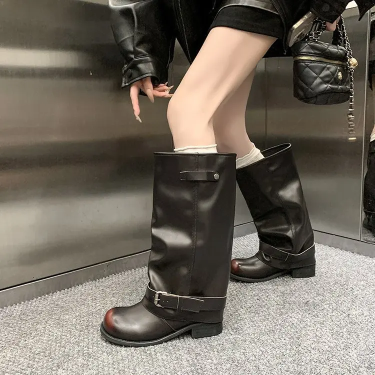 2026Autumn Winter Thick Heel Women Western Cowboy Boots Fashion Belt Buckle Slip On Shoes Ladies Vintage Pleated Short Booties