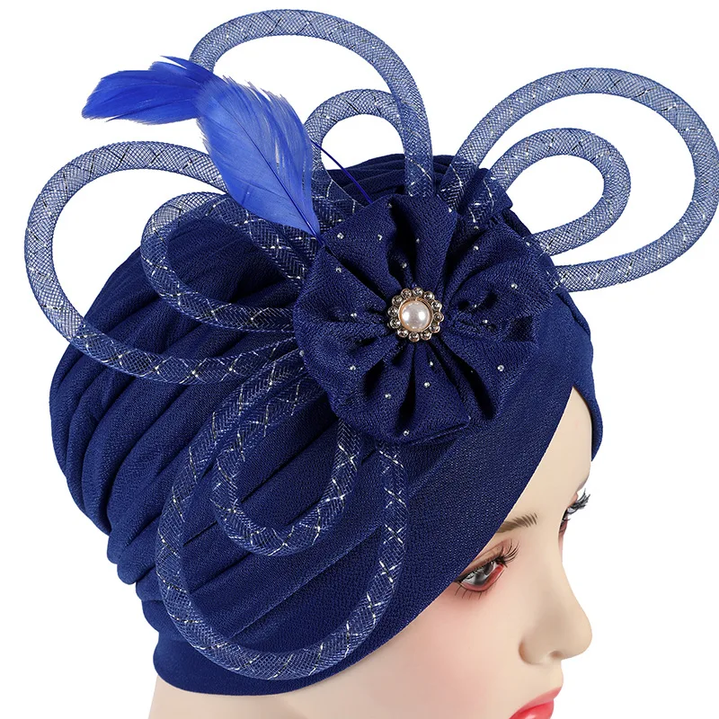 African Pleated Turban Cap For Women Luxury Dinner Party Bonnets Indian Nigerian Headwear Beanies Wedding Hat Fashion 2