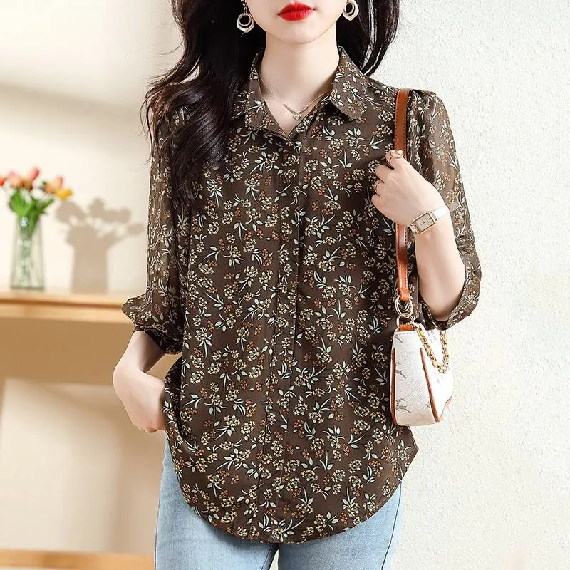 2023 New Summer Fashion Retro Hong Kong Style Westernized Age Reducing Loose Fitting Oversize Lapel Floral Women's Shirt