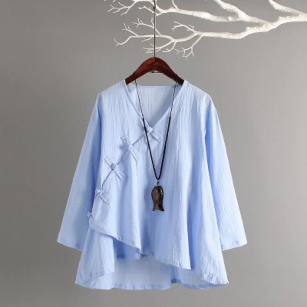 Women Hanfu Linen Shirt Oriental Top Yoga Sets Blouse Loose Wide Leg Pants Trousers Kung Fu Uniform