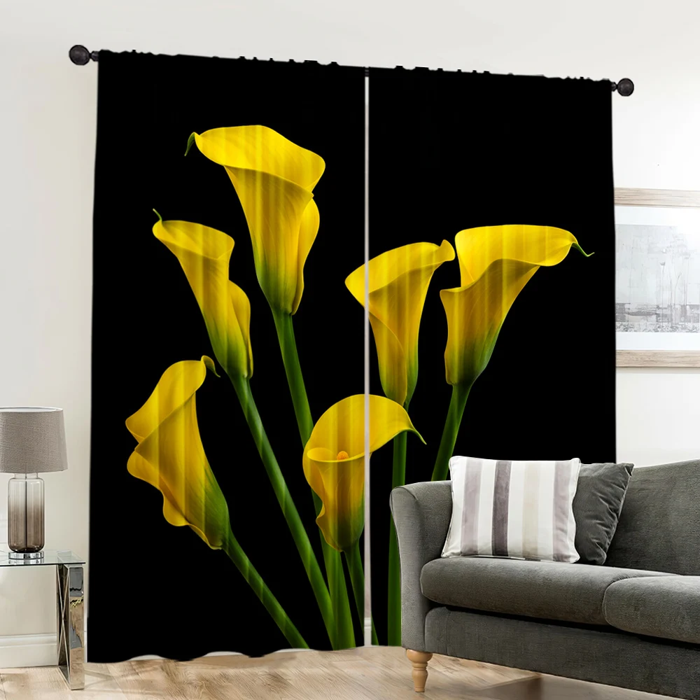 2pcs, spring summer Curtains yellow Calla Lily Sheer Curtains Versatile Polyester Decorations For Home Use for Living Room, 6