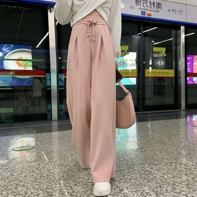 

Pants Women Pink Summer Casual Drawstring Wide Leg Fashion Loose Korean Style Preppy Solid Simple Students Office Ladies Chic